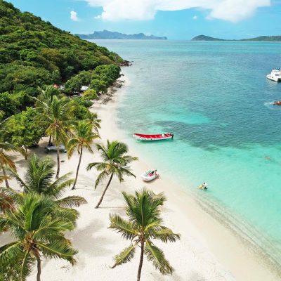 Zeilvakantie Caribisch gebied zeilen Grenadines Tobago Cays Petit Rameau paradijselijk bounty eiland met palmbomen wit zandstrand turquoise zee en omliggende eilanden Union Island